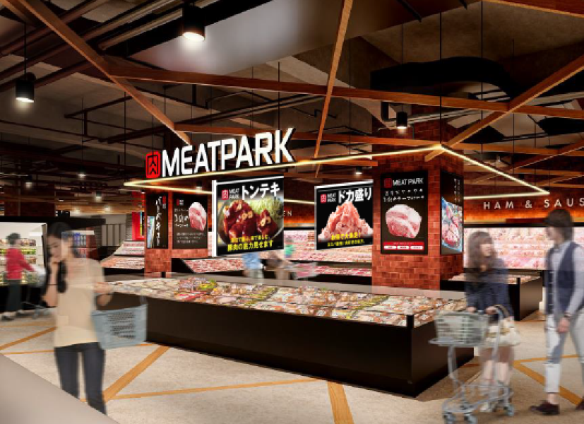 地下1階には幅広い品揃えで量り売りにも対応するイオンリテールのお肉売場「MEAT PARK」が関東初出店
